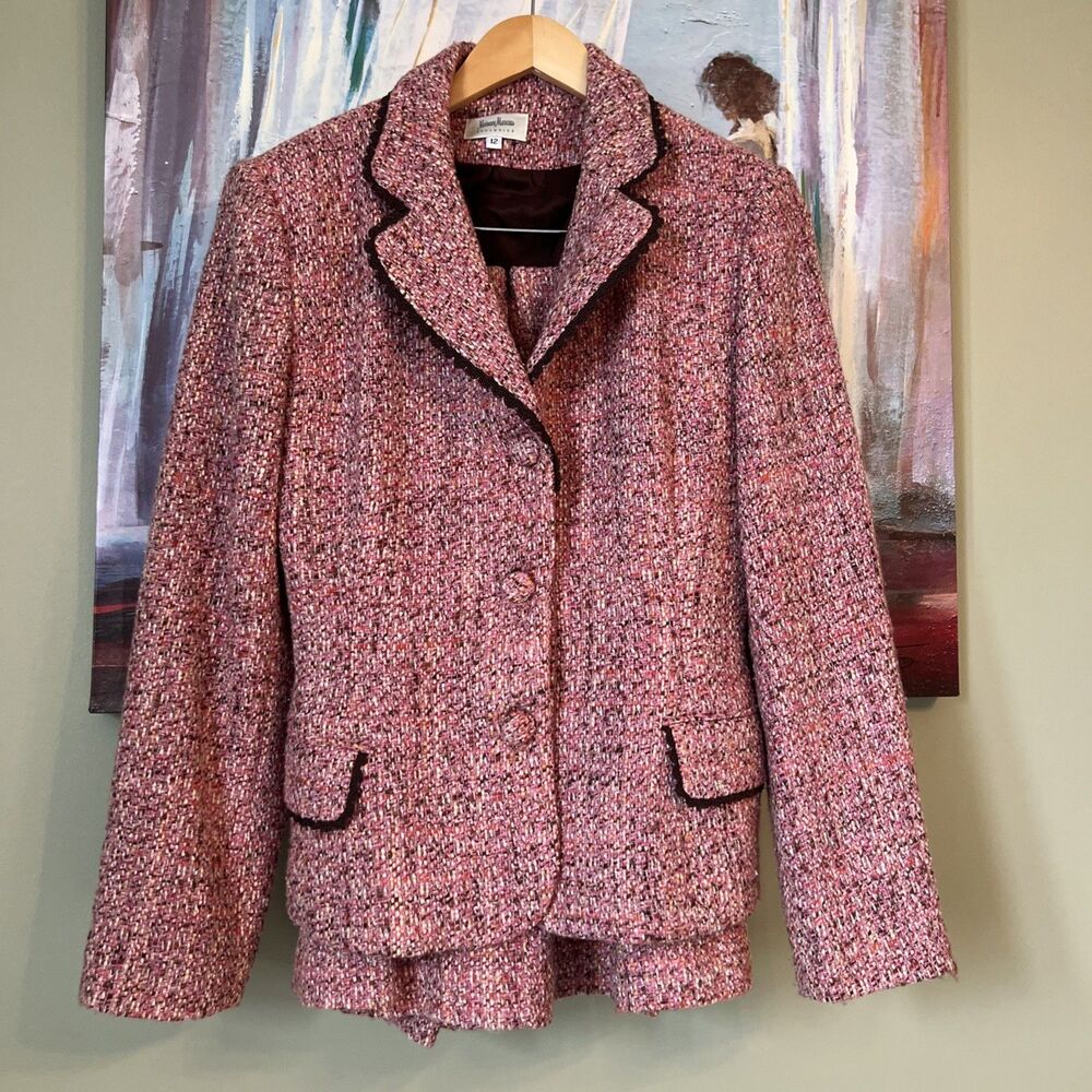 VTG Neiman Marcus Pink Brown Skirt Suit Set Jacket Sz 12 Skirt Sz 10 VGUC
